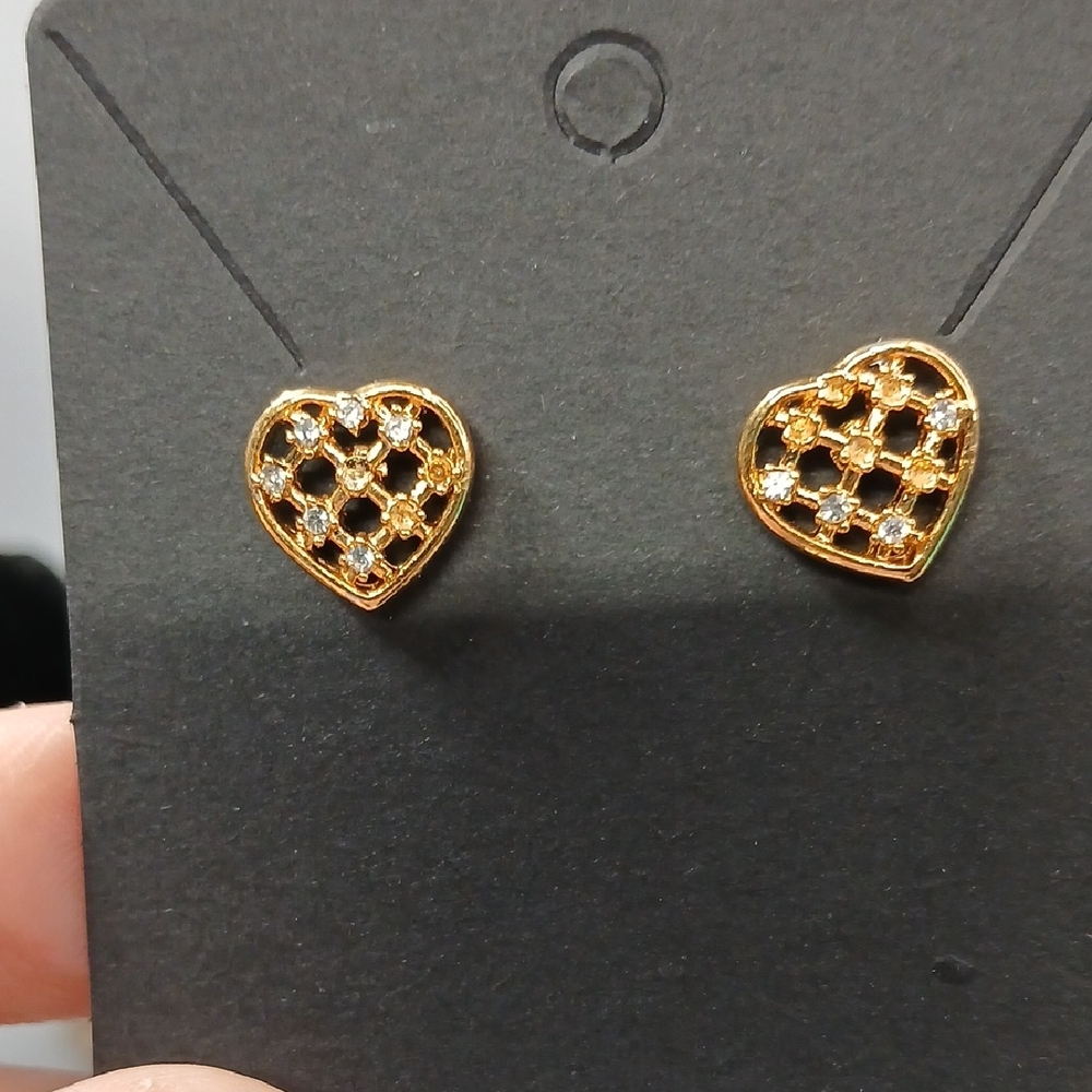 Heavy Gold Plated Heart Stud Earrings With Rhinestones